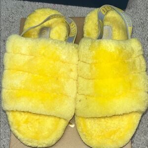 UGG Kids Yellow Shearling Slide Slippers with Branded Heel Strap